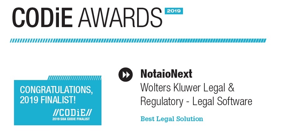 Wolters Kluwer con NotaioNext tra i finalisti del SIIA CODiE Business Technology Awards 2019!